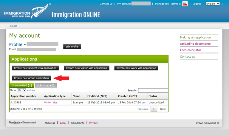 Immigration Online application screen image - Click on 'Create new group application'