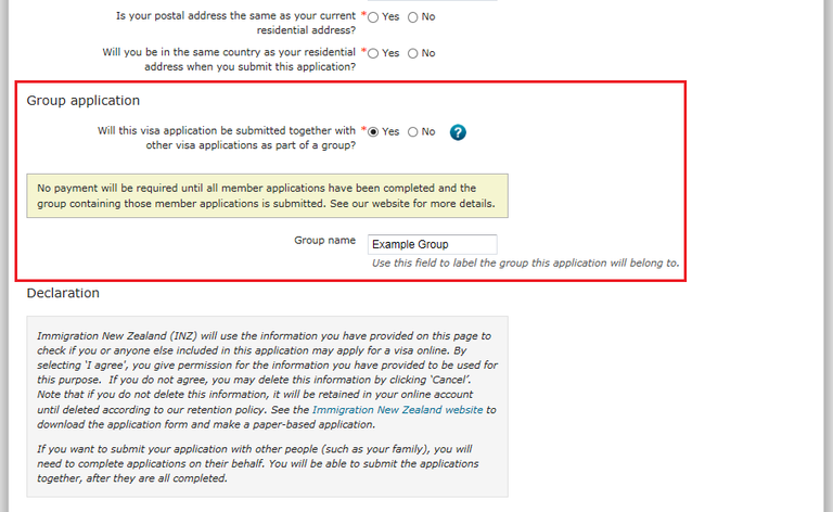 Immigration Online application screen - On the ‘Identity and Contact’ screen select ‘Yes’ to the question “Will this visa application be submitted together with other visa applications as part of a group?” 