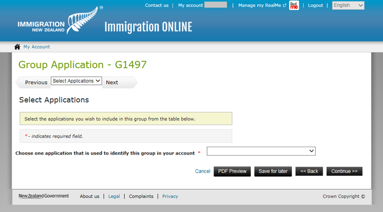 Immigration Online application screen image - selection applications to add to the group.