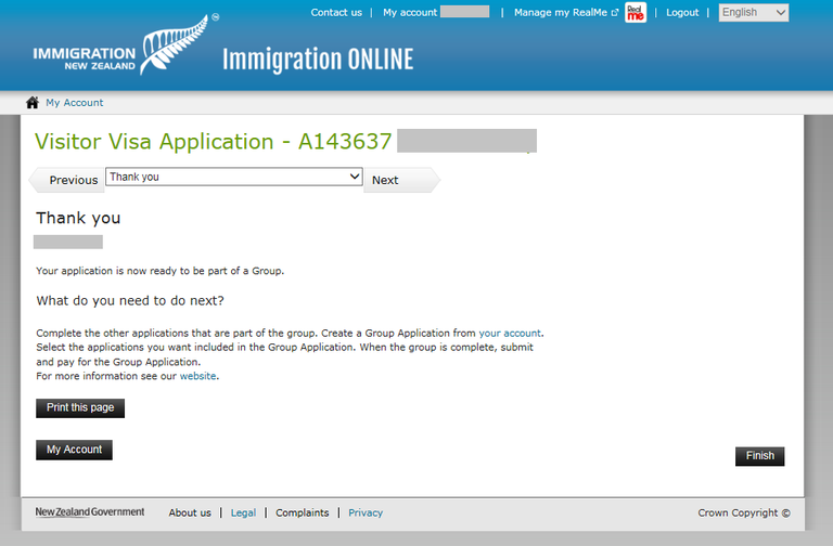 Immigration Online application screen image - Thank you screen